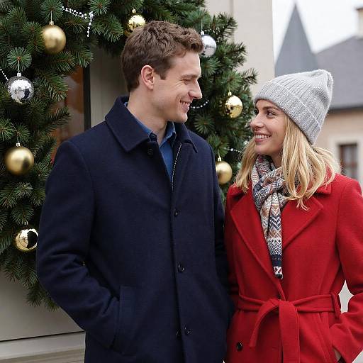 Smiling Couple Beside Christmas Wreath