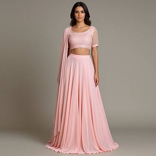 Photograph of a dark-haired woman in a pink, lace-trimmed crop top and long, flowing pink skirt, standing against a gray background.