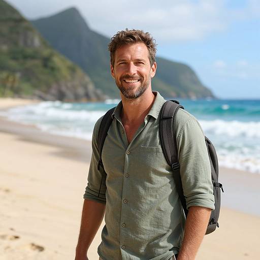 Photograph of a smiling, bearded man with short brown hair, wearing a green button-up shirt and black backpack, standing on a sunny, sandy
