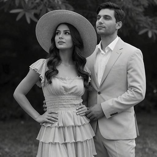 Black-and-white photograph of a couple; woman in layered, ruffled dress and wide-brimmed hat, man in light suit, standing outdoors.