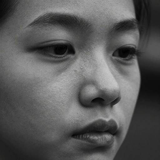 Close-up, black-and-white photograph of an Asian woman's face, showing her contemplative expression with detailed texture on her skin and subtle shadows highlighting her