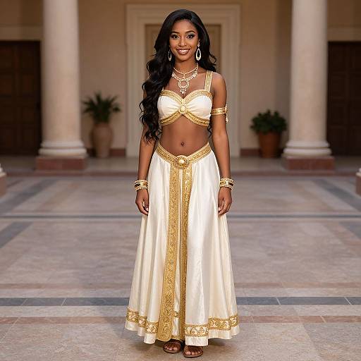 Photograph of a smiling Black woman with long black hair in an elegant gold and white traditional Indian outfit, standing in a grand, columned hall.