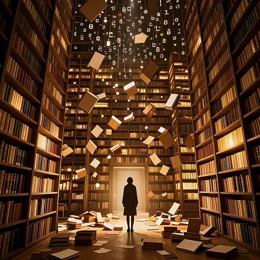 Photograph of a dimly lit, vast library with towering bookshelves, illuminated by glowing books floating in mid-air; a solitary figure stands at