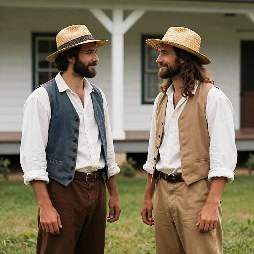 Two men in period clothing standing outdoors