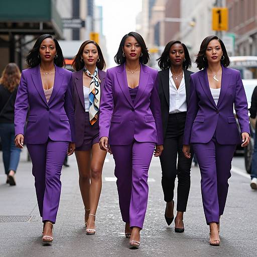 Photograph of five Black women in purple and black business suits walking down a city street, with urban buildings and traffic lights in the background.