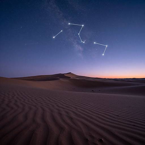 Photograph of a desert night sky with rippled sand dunes, constellations lit in blue, and a gradient sky from orange to dark blue