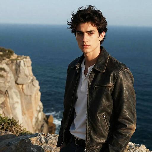 Young Man on Rocky Cliff with Ocean
