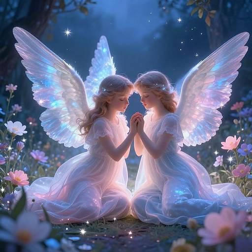 Digital art of two glowing, ethereal angelic women with translucent wings and white dresses, kneeling in a moonlit, flower-filled meadow, hands