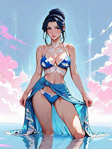 Anime Woman in Blue Lace-Up Bikini