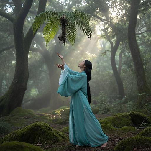 Photograph of a woman in a flowing blue gown reaching for ferns in a misty forest, sunlight filtering through trees.