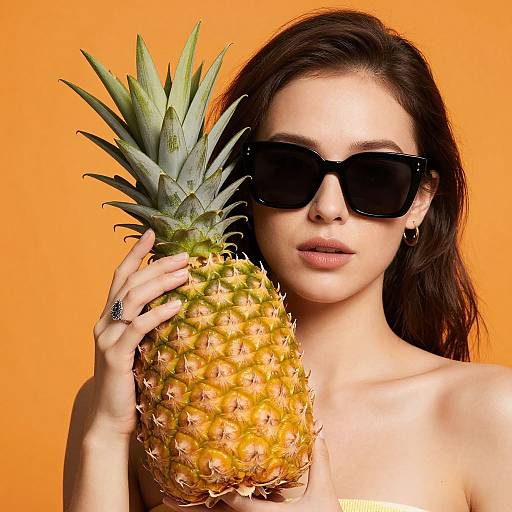Photograph of a young woman with fair skin, dark brown hair, wearing black sunglasses, holding a pineapple against an orange background.