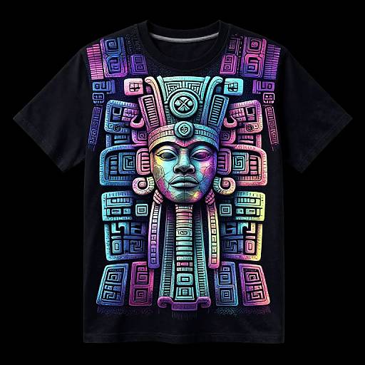 Neon-illuminated black t-shirt featuring a colorful, intricate, Aztec-inspired face design with geometric patterns in blue, pink, yellow,