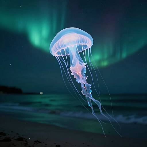 Photograph of a glowing blue jellyfish with translucent tentacles floating under a vivid green aurora borealis in a dark, starry ocean night sky