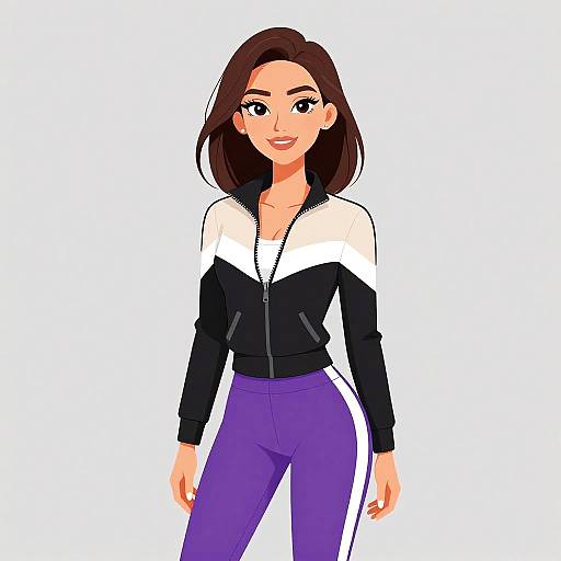 Digital illustration of a smiling woman with light skin, brown hair, and black eyebrows. She wears a black and white zip-up jacket and purple pants with