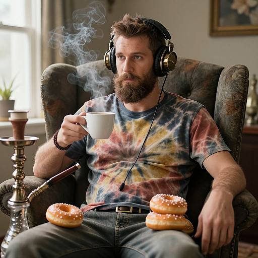 Bearded man with headphones, tie-dye shirt, sipping coffee from cup, smoking hookah, with donuts on lap, in cozy room