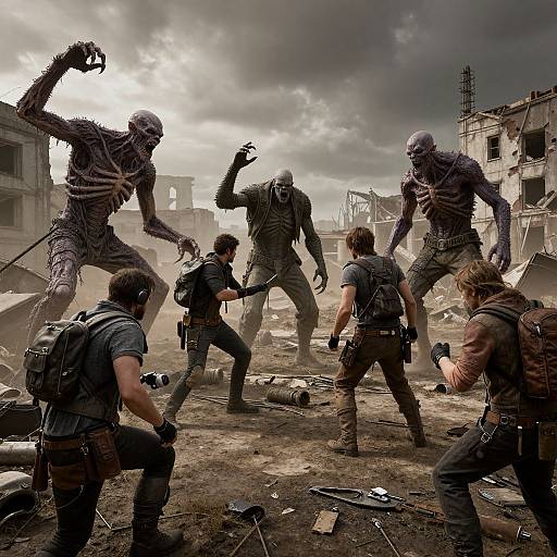 Photorealistic digital artwork: Five armed soldiers confront four skeletal, monstrous creatures in a war-torn, ruined city under a stormy sky.