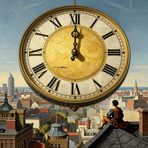 Digital artwork: giant Roman numeral clock with golden center hangs above cityscape, superhero in cape sits on rooftop below.
