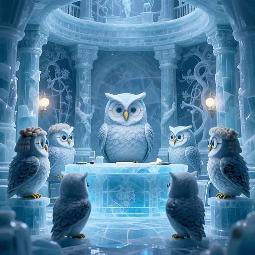 Digital artwork of five stylized owls with blue and white feathers, standing around a glowing, icy altar in a blue-lit, ornate temple