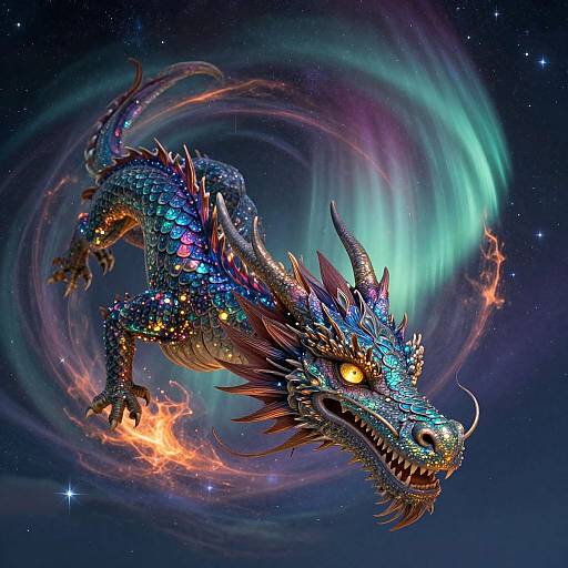 Digital artwork of a vibrant, neon-scaled dragon with fiery eyes and sharp horns, surrounded by swirling auroras and stars in a cosmic night sky.