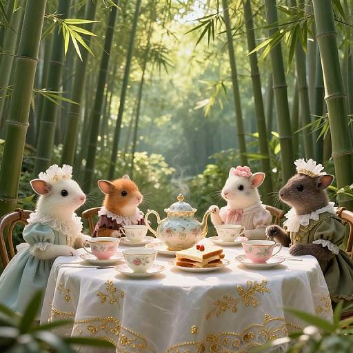 Photograph of four anthropomorphic hamsters in Victorian dresses, sitting at a lace-covered tea table in a sunlit bamboo forest.