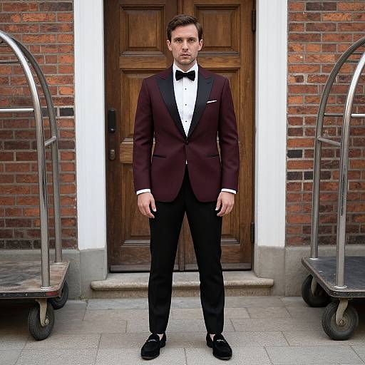 Photograph of a handsome, young Caucasian man in a black tuxedo with a burgundy jacket, black bow tie, standing in front of a