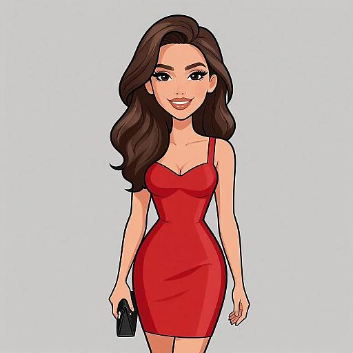 Digital illustration of a smiling woman with long brown hair, wearing a tight red dress, holding a black clutch, against a white background.