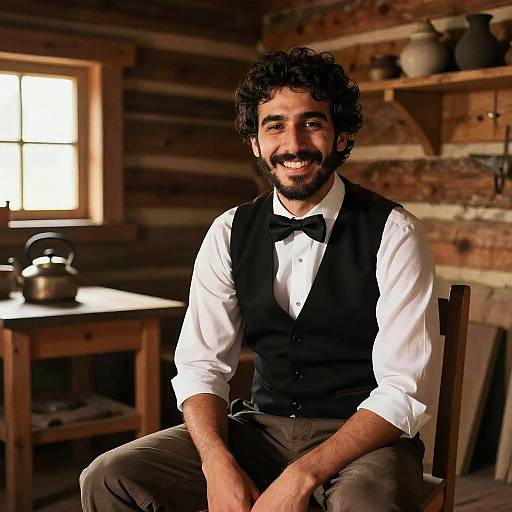 Photograph of a smiling, bearded Middle Eastern man with curly black hair, wearing a white shirt, black vest, and bow tie, seated in