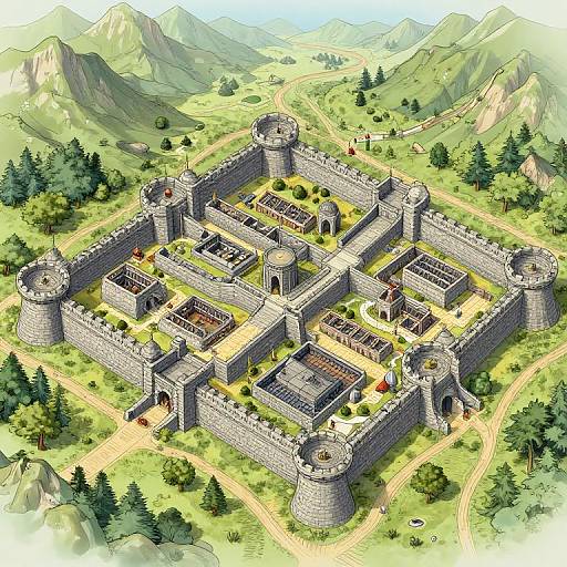 Detailed digital illustration of a medieval stone castle with four round towers, surrounded by lush green mountains, forest, and winding paths.