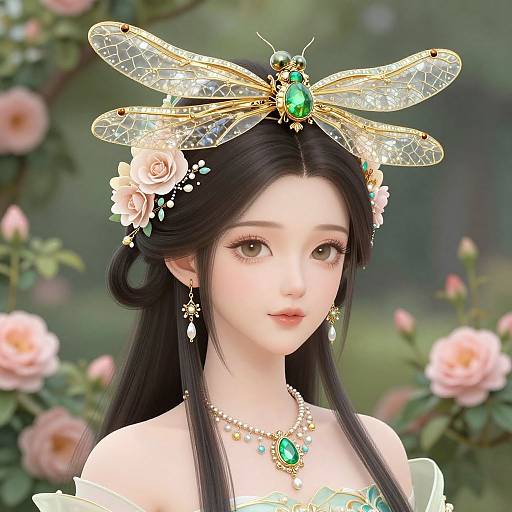 Digital art of an Asian woman with fair skin, black hair, wearing a dragonfly tiara, green gemstone necklace, and floral headpiece,