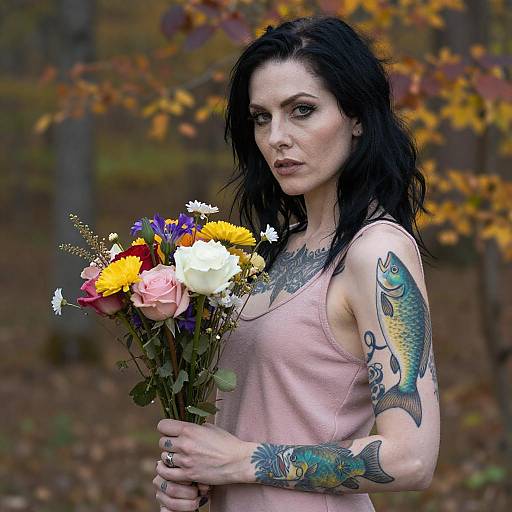 Tattooed Woman with Flowers in Autumn Forest
