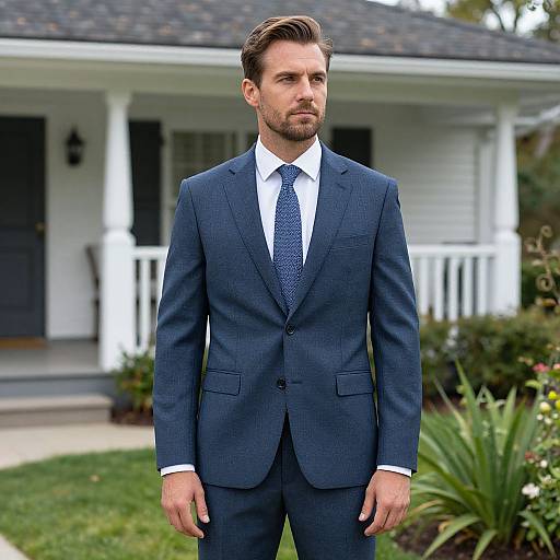 Photograph of a handsome, bearded man in a dark blue pinstripe suit, white shirt, and blue polka-dot tie, standing in