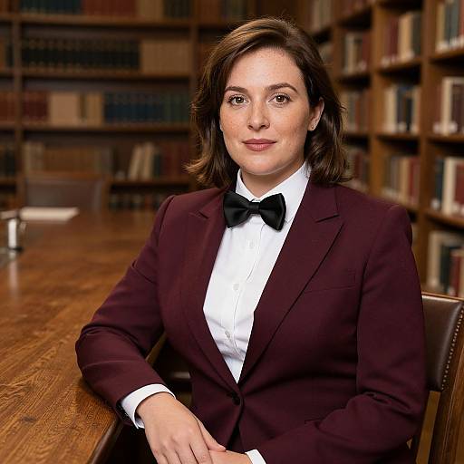 Photograph of a poised woman with medium-length brown hair, wearing a maroon blazer, white shirt, and black bow tie, seated at a