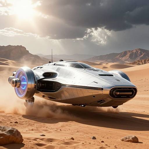 Photorealistic CGI of a sleek, silver, hovercraft with blue glowing engines speeding through a sunlit, desert landscape with rugged mountains.
