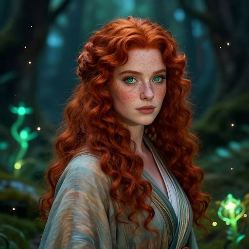 Digital art of a fair-skinned, freckled redhead with long curly hair, green eyes, wearing a flowing, patterned robe in a mystical
