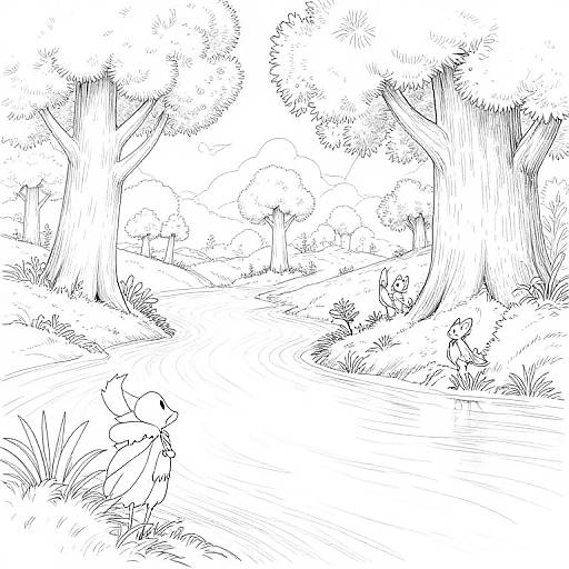 Black-and-white line drawing of a forest scene with two anthropomorphic animals: one in the foreground, another near a curved stream. Tall trees and lush