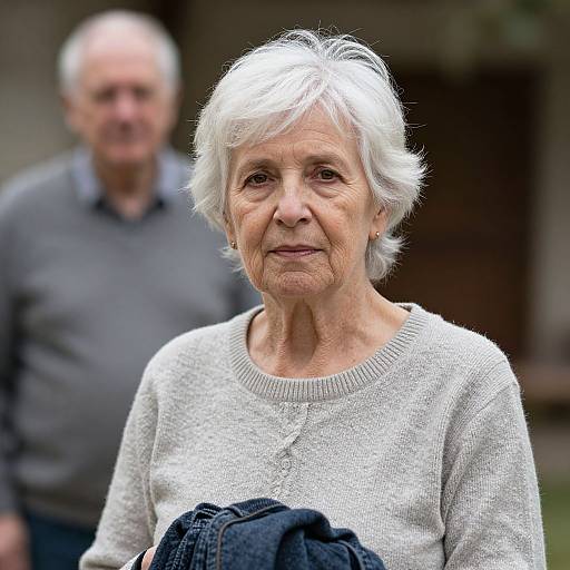 Photograph of an elderly white woman with short white hair, wearing a light gray sweater, holding denim jeans, standing outdoors with a blurred elderly man in