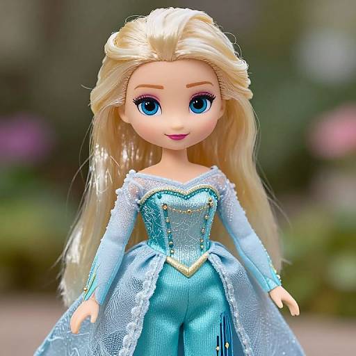 Photograph of a blonde-haired, blue-eyed doll dressed as Elsa from Frozen, wearing a sparkling blue gown with gold accents, standing against a blurred garden
