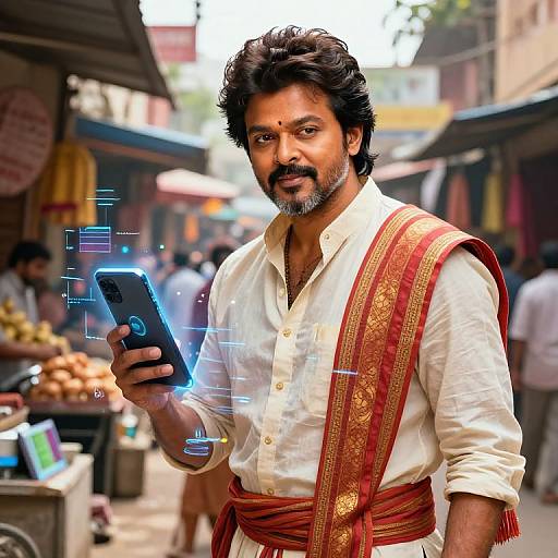 Photograph of a bearded Indian man with dark hair, wearing a white shirt and red silk dhoti, holding a glowing smartphone in a bustling
