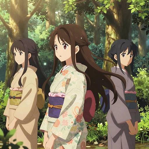 Digital anime drawing of three Japanese girls in kimonos standing in a sunlit forest, each with different colored kimonos and sashes.