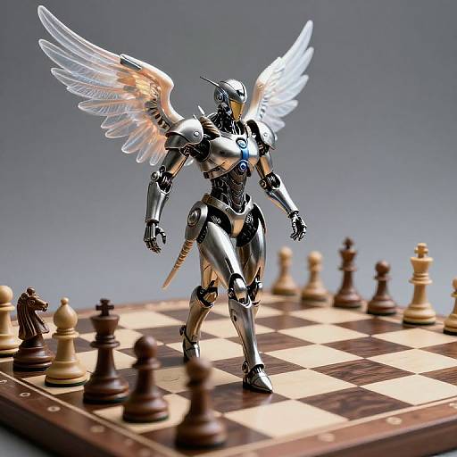 Digital artwork of a silver, winged robot chess piece standing on a chessboard with scattered wooden pieces against a gray gradient background.