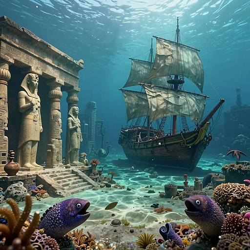 Underwater scene: Ancient Egyptian ruins with columns, surrounded by colorful coral and fish, illuminated by sunlight. A majestic, old-fashioned pirate ship with bill