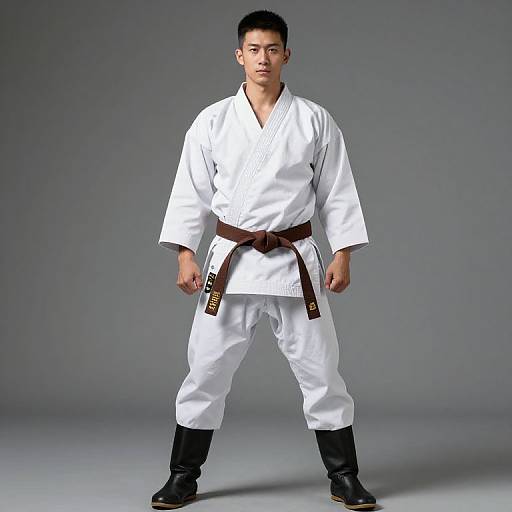 Photograph of an Asian man with short black hair, wearing a white karate gi, brown belt, black boots, standing confidently against a gray background