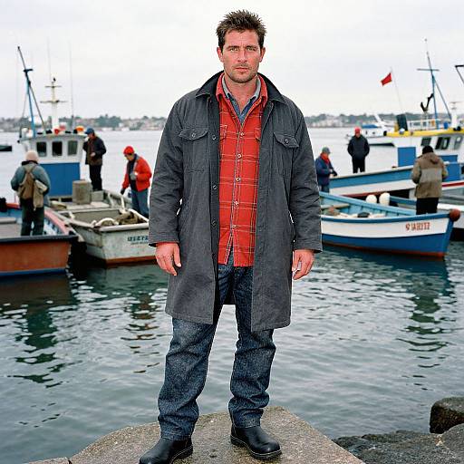 Photograph of a rugged, bearded man in a black coat and red plaid shirt standing on a dock, with fishing boats and people in the