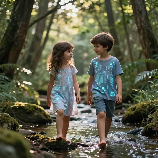 Bioluminescent AI Siblings in Forest