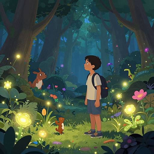 Illustration of a young boy with a backpack, standing in a magical, glowing forest at night, surrounded by fireflies, flowers, and a playful