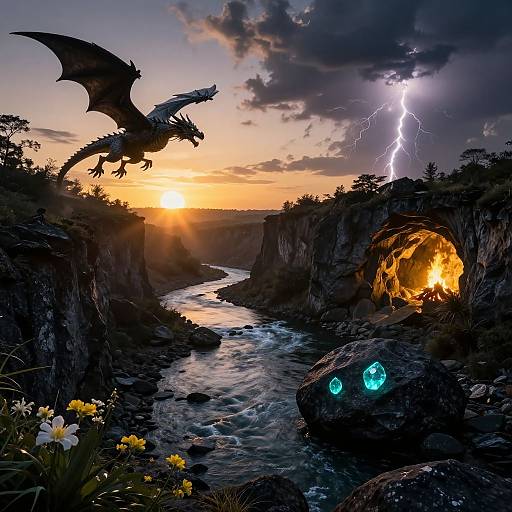 Digital fantasy artwork: Dark dragon soaring over a glowing cave near a river at sunset, with lightning in the stormy sky. Glowing blue orbs on