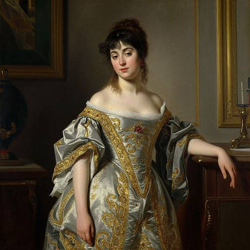 Baroque portrait of a fair-skinned woman in an ornate, silver and gold embroidered gown, with dark hair and red lips, standing in a