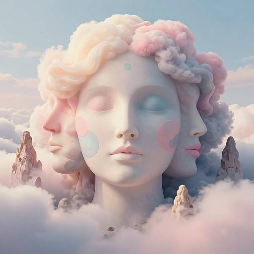 Digital art of a serene, ethereal white sculpture with pink cloud-like hair, pastel-colored face, and closed eyes, surrounded by fluffy clouds and