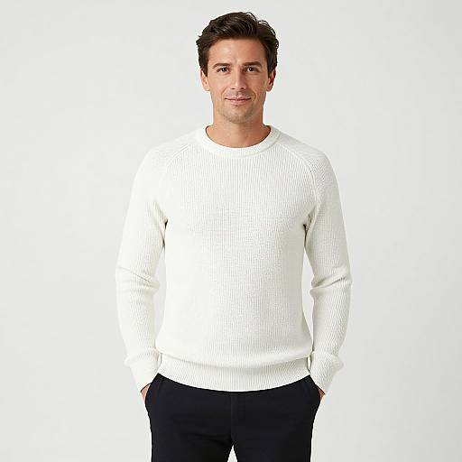 Photograph of a smiling, medium-build man with short brown hair wearing a white, ribbed sweater and black pants against a plain white background.