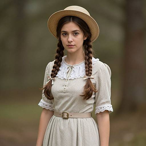 Young woman with braided brown hair, wearing a white lace dress, beige belt, and straw hat, standing in a blurred forest. Photorealistic